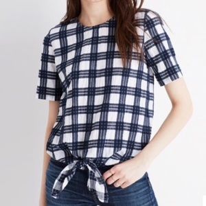 Madewell button back tie top navy and white plaid